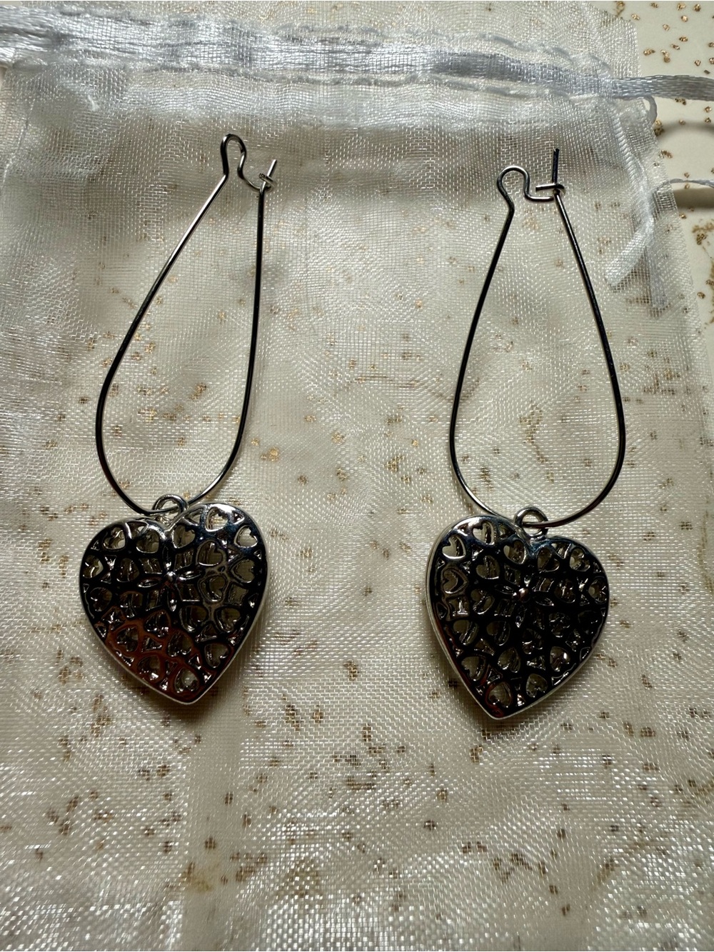 Delicate Silver Heart Drop Earrings – Openwork Dangle Design